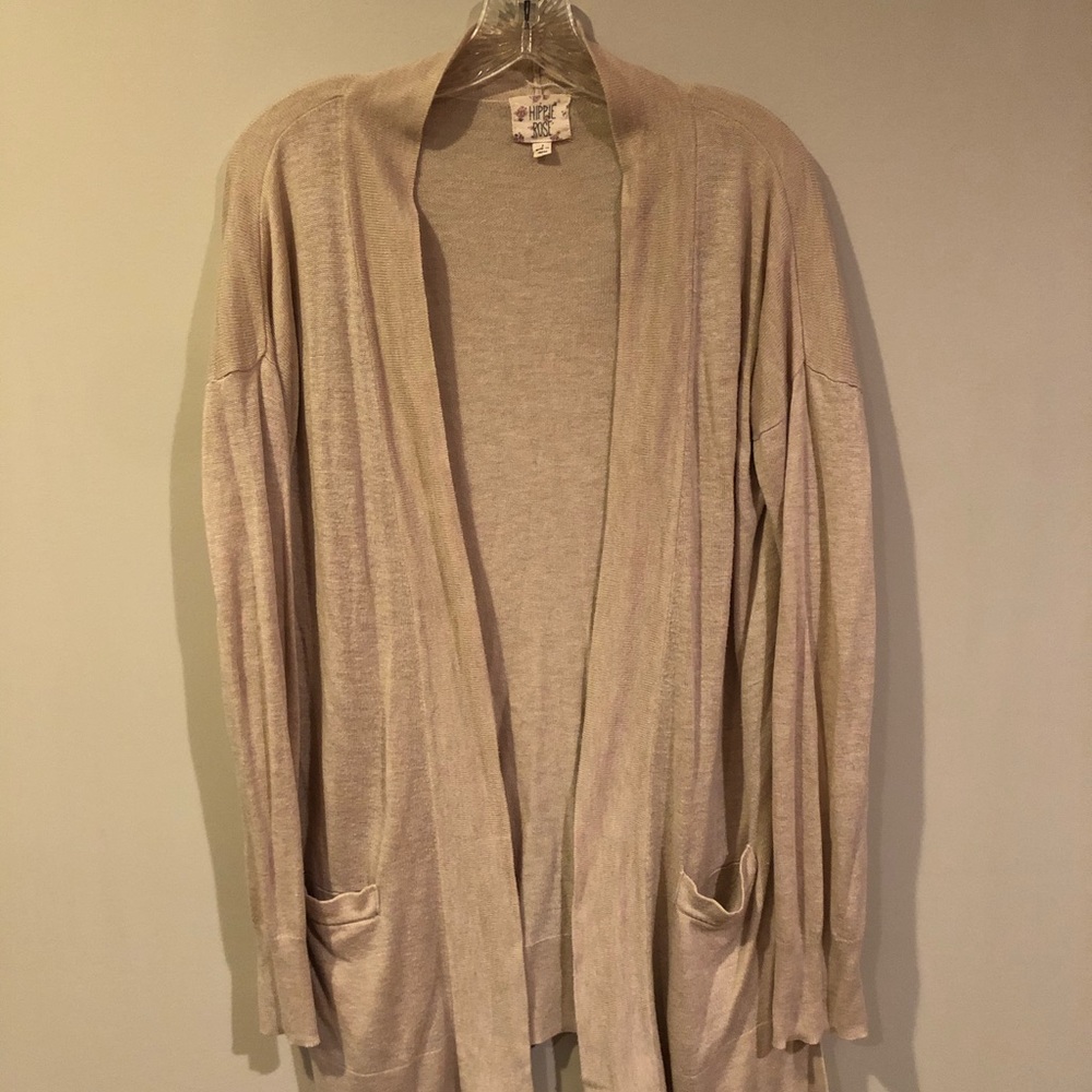 Tan / mushroom colored long open front cardigan